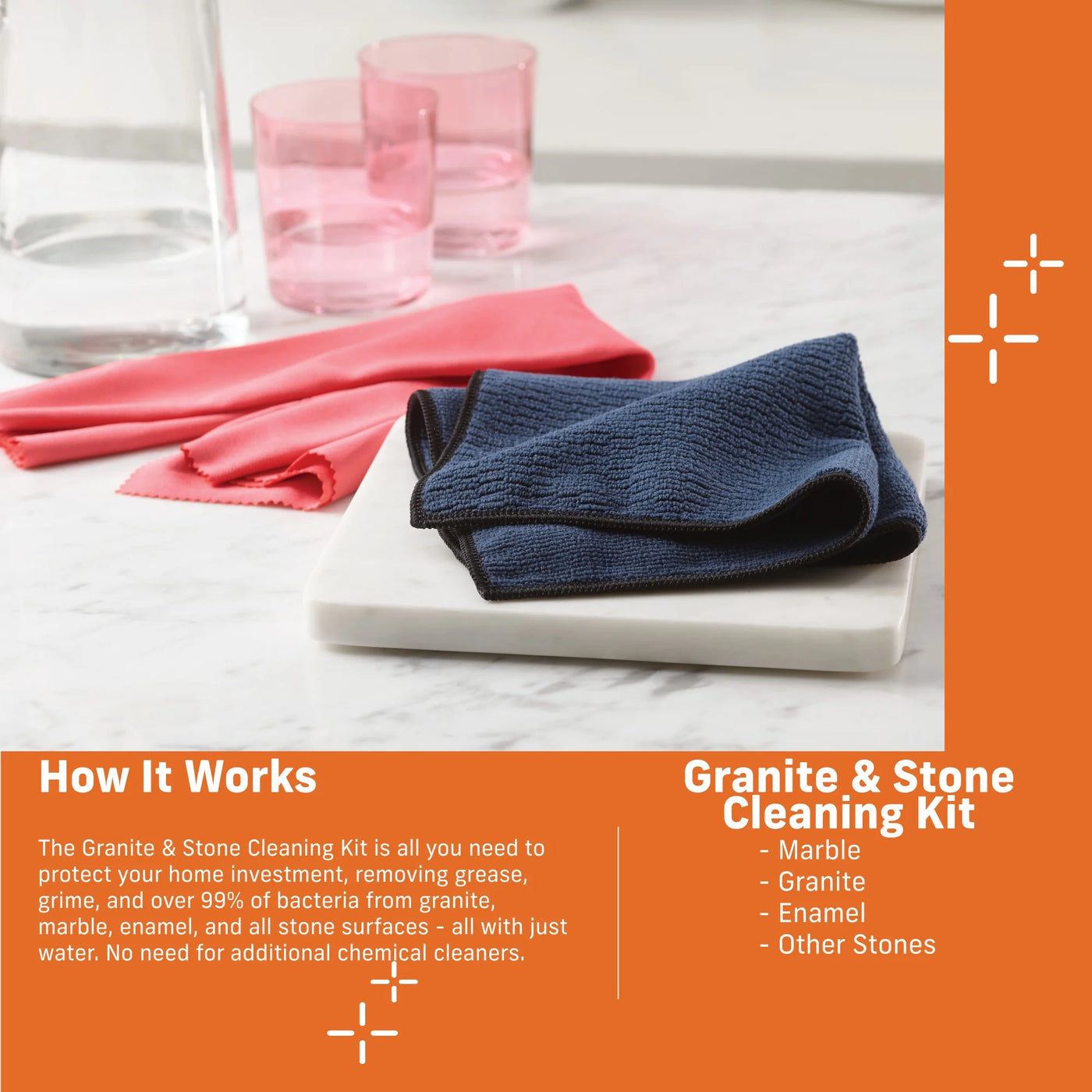 Granite & Stone Cleaning Kit Contains Effective Streak-Free Microfiber Cleaner for Countertops, 2 Cloth Set