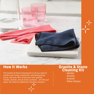Granite & Stone Cleaning Kit Contains Effective Streak-Free Microfiber Cleaner for Countertops, 2 Cloth Set