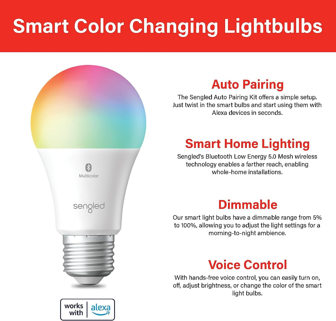 Smart Light Bulbs, Color Changing Alexa Light Bulb Bluetooth Mesh That Work with Alexa Only, Dimmable LED Bulb A19 E26 Multicolor, High CRI, High Brightness, 9W 800LM, 6-Pack, No Hub Required