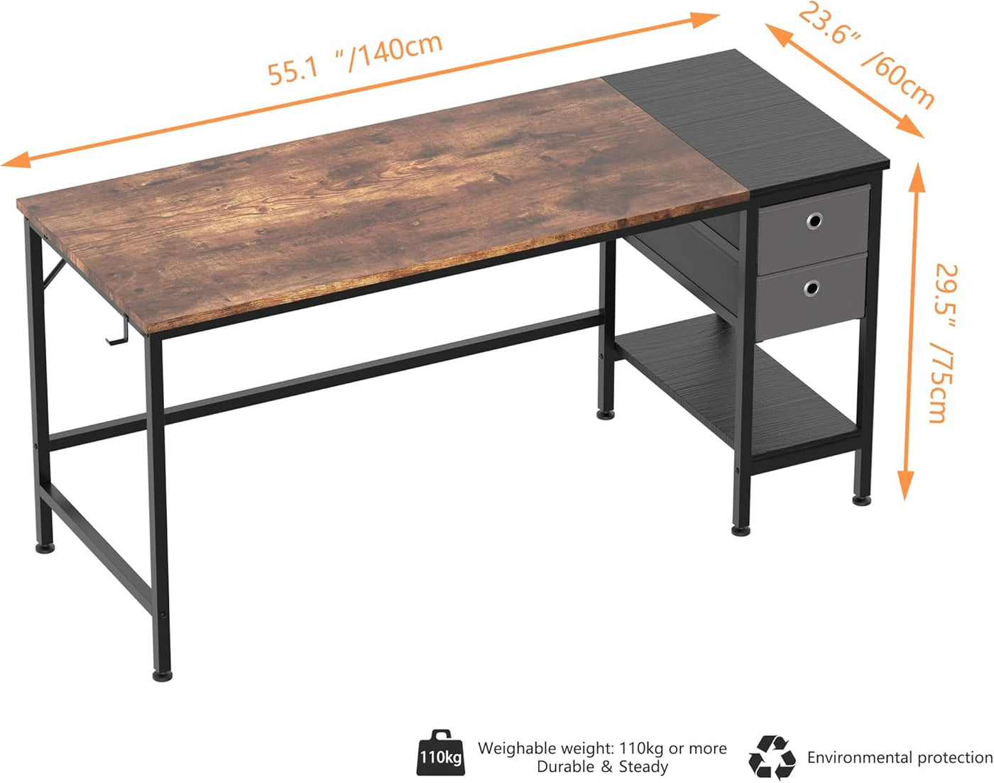 Office Desk, Computer Desk with Drawers 55" Study Writing Desks for Home with Storage Shelves, Desks & Workstations for Home Office Bedroom