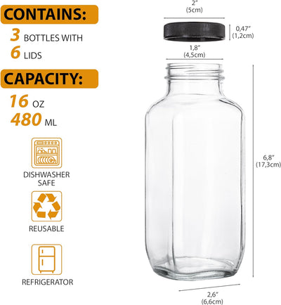 Juice Bottles with Lids, 16 Oz - Set of 3 - Clear Glass Jars with Caps - Reusabl