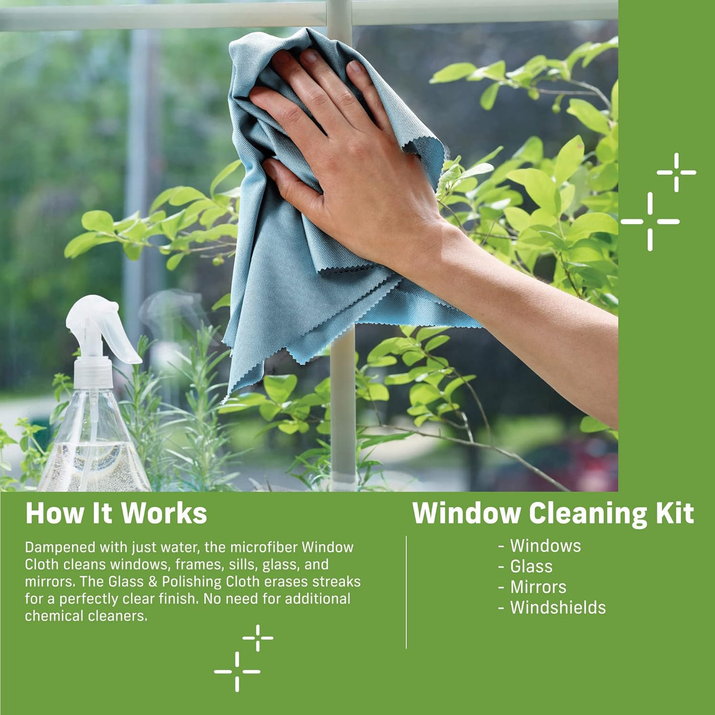Microfiber Cleaning Cloth Glass Kit - Microfiber Towel Window Cleaning Kit - Microfiber Towels for Cars, Windows, Mirrors, & More - Winter Green