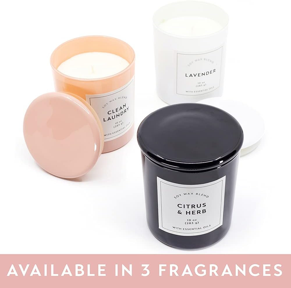 Larque Clean Laundry Scented Candle, 10 Oz with Long Lasting 42 Hour Burn, Pink Opaque Glass Jar with Matching Glass Lid, Soy Wax Blend Wax with Aromatherapy Essential Oils