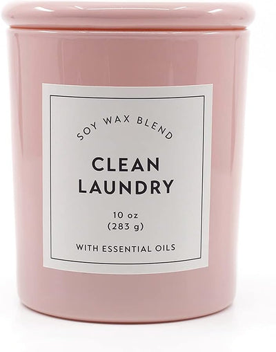 Larque Clean Laundry Scented Candle, 10 Oz with Long Lasting 42 Hour Burn, Pink Opaque Glass Jar with Matching Glass Lid, Soy Wax Blend Wax with Aromatherapy Essential Oils