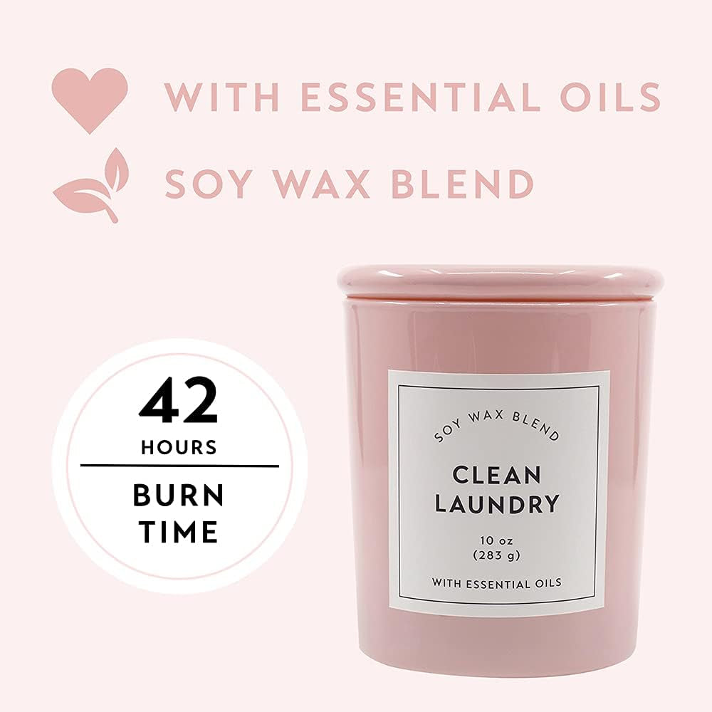 Larque Clean Laundry Scented Candle, 10 Oz with Long Lasting 42 Hour Burn, Pink Opaque Glass Jar with Matching Glass Lid, Soy Wax Blend Wax with Aromatherapy Essential Oils