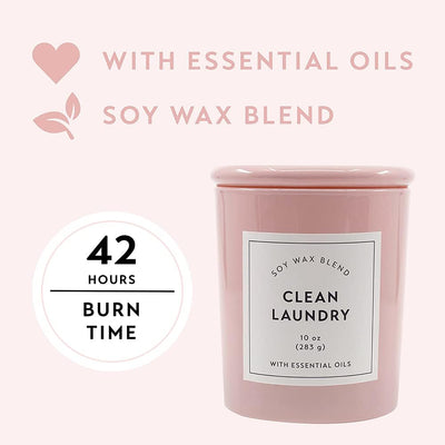Larque Clean Laundry Scented Candle, 10 Oz with Long Lasting 42 Hour Burn, Pink Opaque Glass Jar with Matching Glass Lid, Soy Wax Blend Wax with Aromatherapy Essential Oils