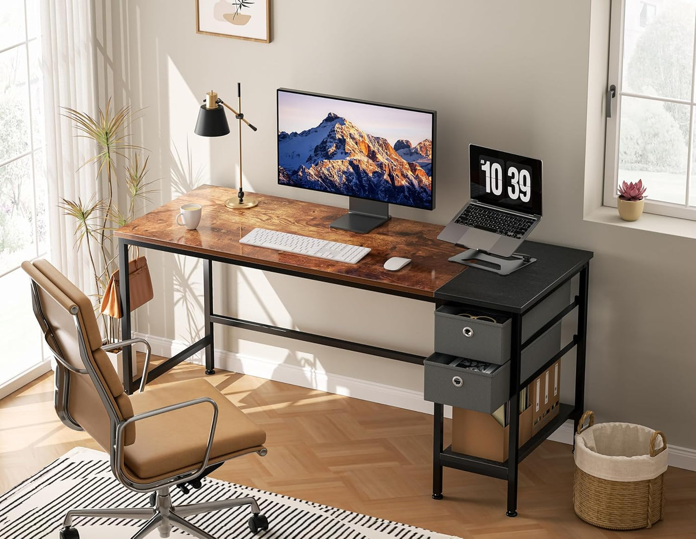 Office Desk, Computer Desk with Drawers 55" Study Writing Desks for Home with Storage Shelves, Desks & Workstations for Home Office Bedroom