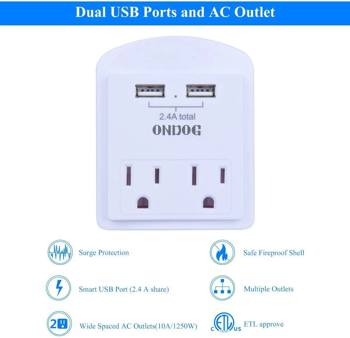 2-Pack Wall Charger, Small Surge Protector with 2 USB Ports, Top Phone Holder for Smart Phones, White