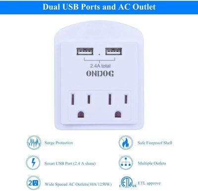 2-Pack Wall Charger, Small Surge Protector with 2 USB Ports, Top Phone Holder for Smart Phones, White