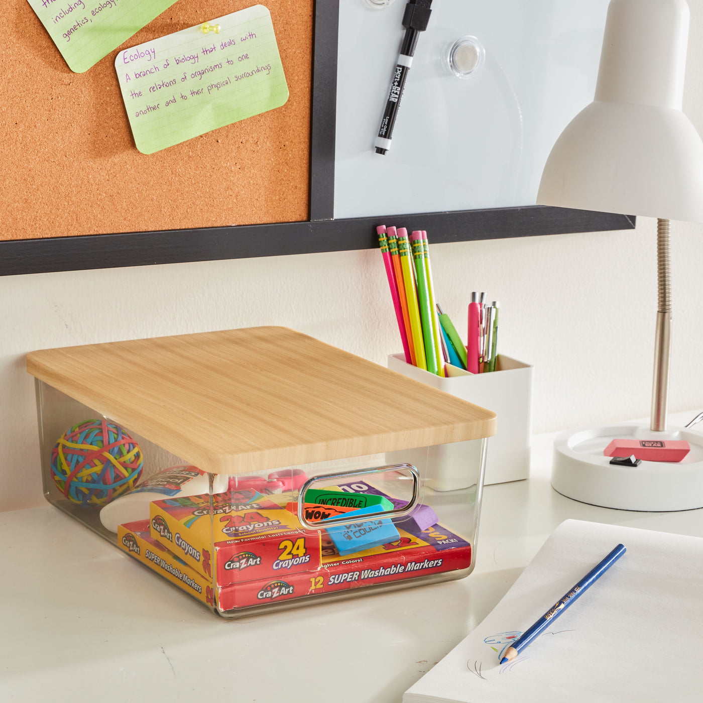 Organizational Storage Box with Woodgrain Pattern Lid, Silver Gray