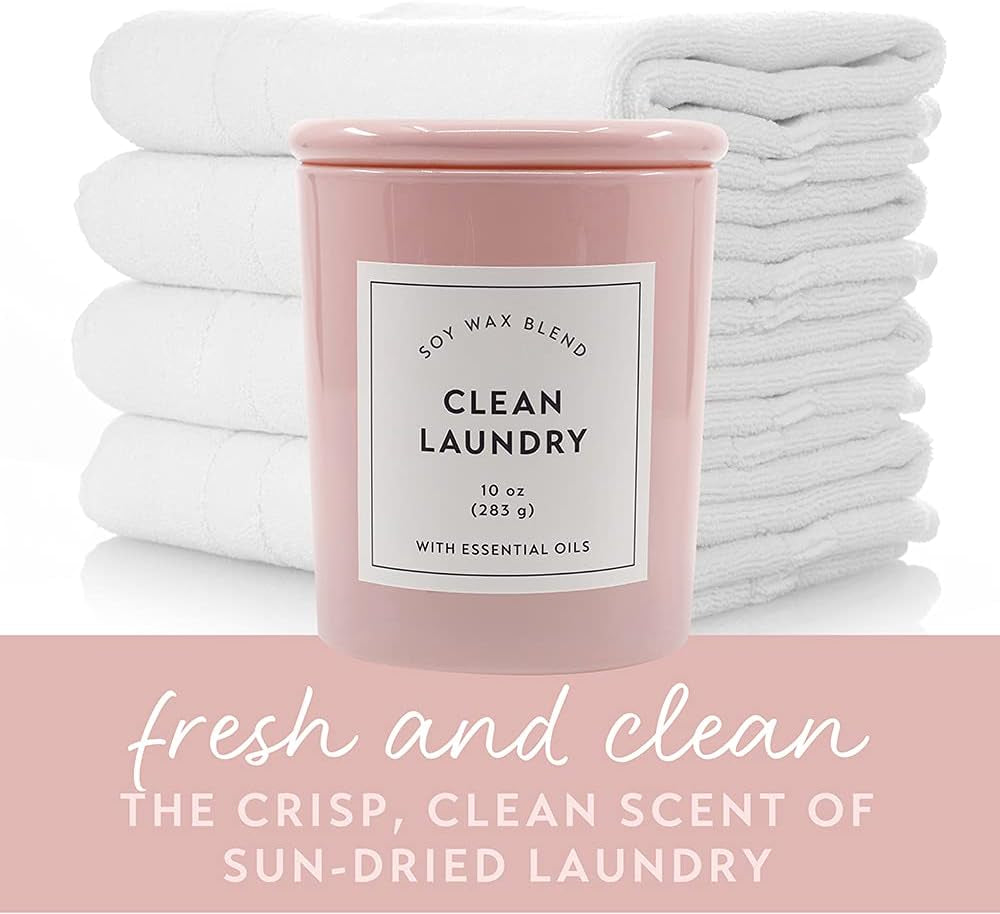 Larque Clean Laundry Scented Candle, 10 Oz with Long Lasting 42 Hour Burn, Pink Opaque Glass Jar with Matching Glass Lid, Soy Wax Blend Wax with Aromatherapy Essential Oils