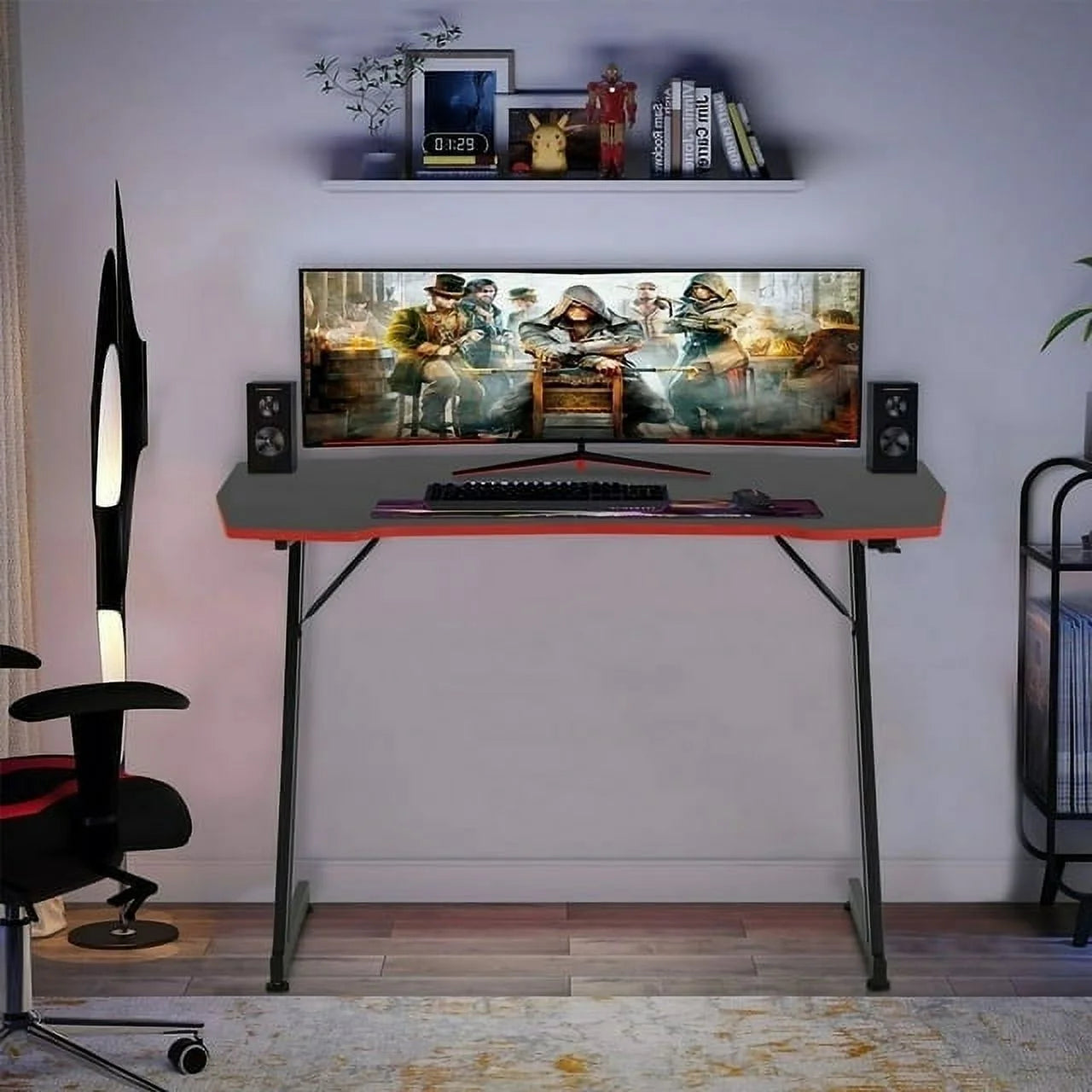 Desk with Headphone Hook, Z-Shape Gaming Design, for Adults, Red