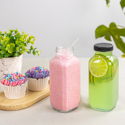 Juice Bottles with Lids, 16 Oz - Set of 3 - Clear Glass Jars with Caps - Reusabl