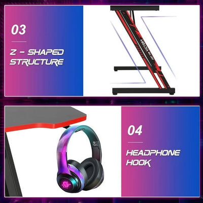 Desk with Headphone Hook, Z-Shape Gaming Design, for Adults, Red