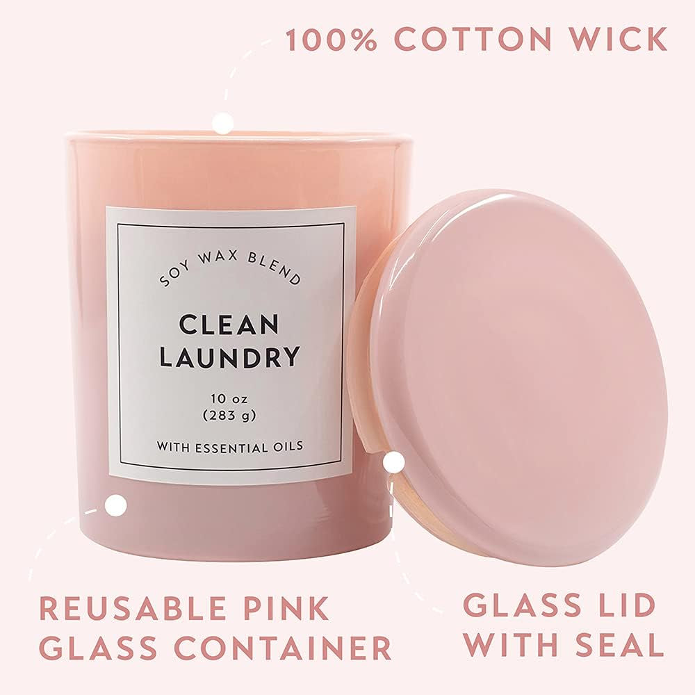 Larque Clean Laundry Scented Candle, 10 Oz with Long Lasting 42 Hour Burn, Pink Opaque Glass Jar with Matching Glass Lid, Soy Wax Blend Wax with Aromatherapy Essential Oils