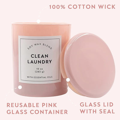 Larque Clean Laundry Scented Candle, 10 Oz with Long Lasting 42 Hour Burn, Pink Opaque Glass Jar with Matching Glass Lid, Soy Wax Blend Wax with Aromatherapy Essential Oils