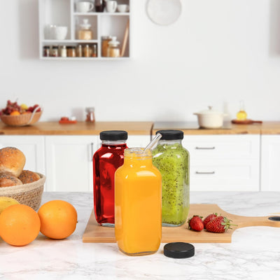 Juice Bottles with Lids, 16 Oz - Set of 3 - Clear Glass Jars with Caps - Reusabl