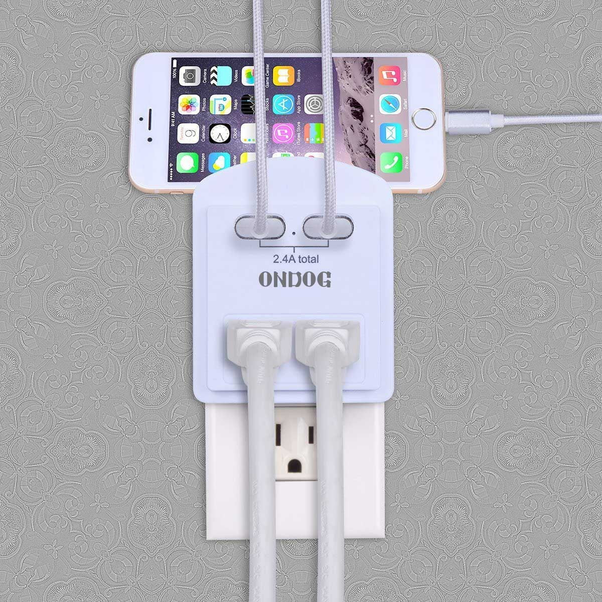 2-Pack Wall Charger, Small Surge Protector with 2 USB Ports, Top Phone Holder for Smart Phones, White