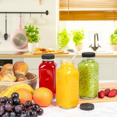 Juice Bottles with Lids, 16 Oz - Set of 3 - Clear Glass Jars with Caps - Reusabl