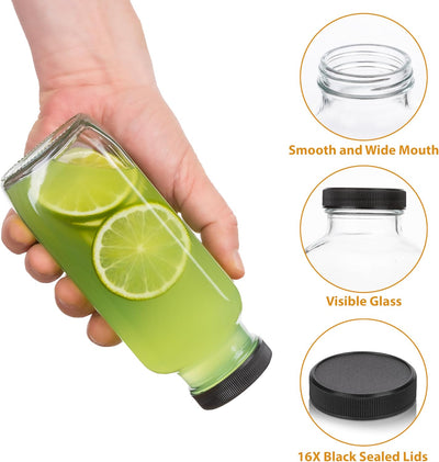 Juice Bottles with Lids, 16 Oz - Set of 3 - Clear Glass Jars with Caps - Reusabl