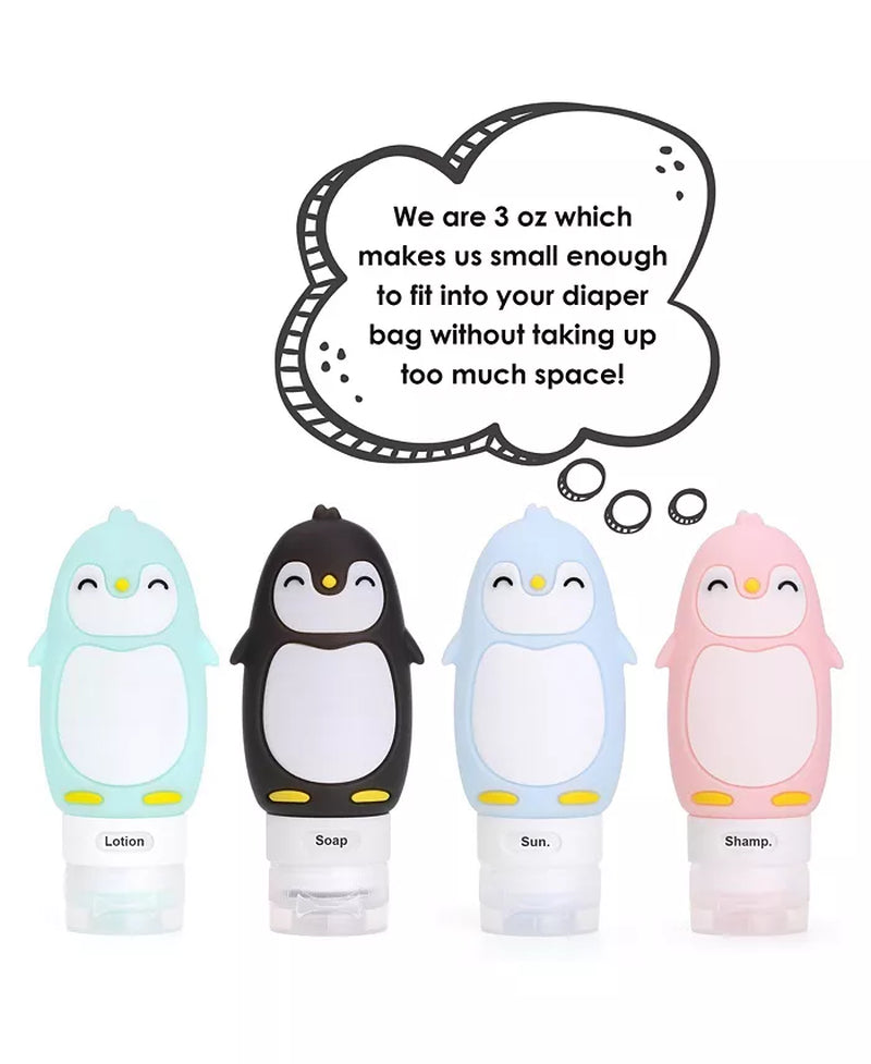Travel Buddiez - Penguin Family (4 Pack) Multicolored 3Oz Silicone Reusable Bottles