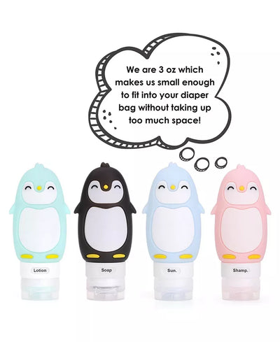 Travel Buddiez - Penguin Family (4 Pack) Multicolored 3Oz Silicone Reusable Bottles