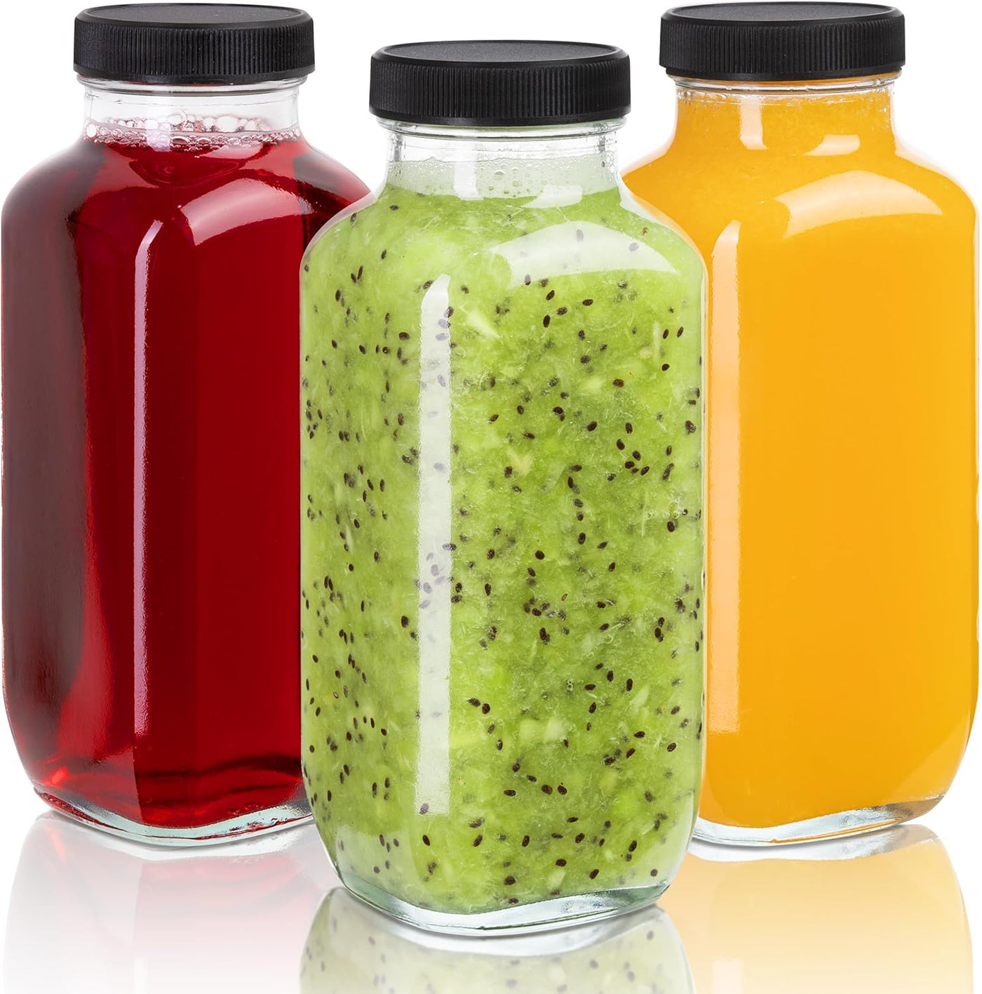 Juice Bottles with Lids, 16 Oz - Set of 3 - Clear Glass Jars with Caps - Reusabl
