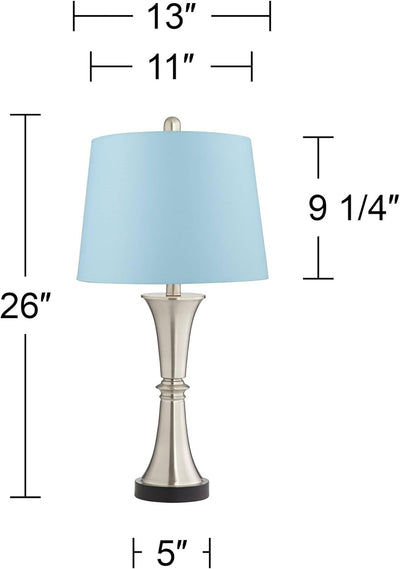 Seymore Modern Table Lamps 26" Tall Set of 2 with USB Charging Port Silver LED Touch on off Blue Hardback Drum Shade for Bedroom Living Room House Home Desk Bedside Nightstand