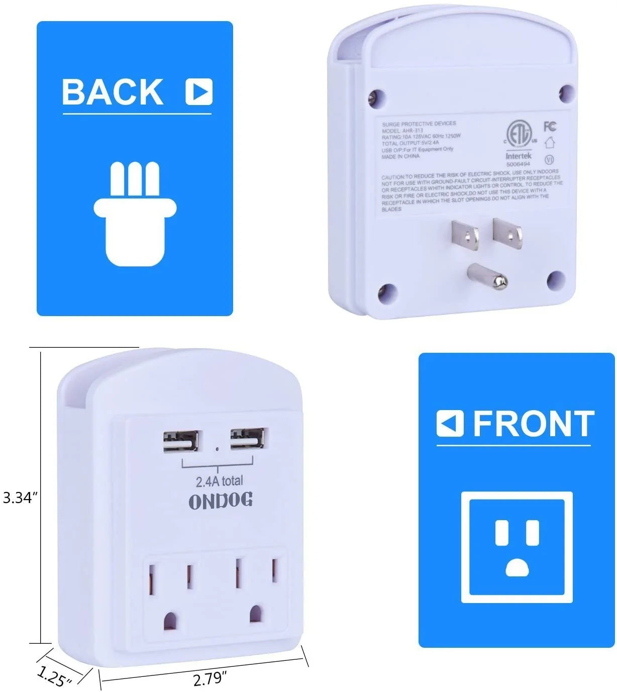 2-Pack Wall Charger, Small Surge Protector with 2 USB Ports, Top Phone Holder for Smart Phones, White
