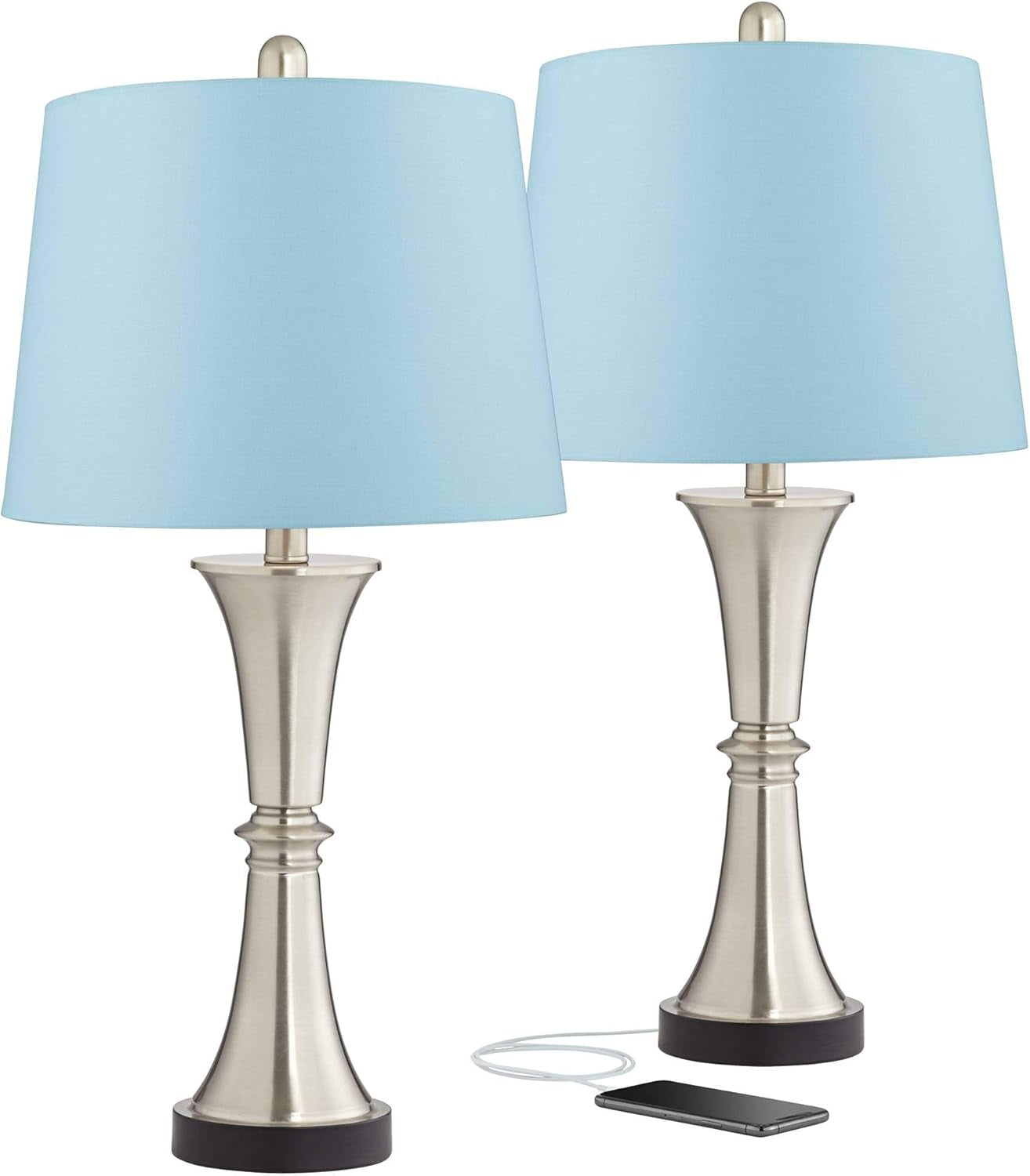Seymore Modern Table Lamps 26" Tall Set of 2 with USB Charging Port Silver LED Touch on off Blue Hardback Drum Shade for Bedroom Living Room House Home Desk Bedside Nightstand