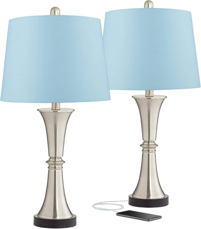 Seymore Modern Table Lamps 26" Tall Set of 2 with USB Charging Port Silver LED Touch on off Blue Hardback Drum Shade for Bedroom Living Room House Home Desk Bedside Nightstand
